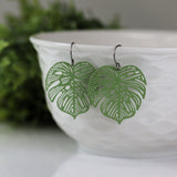 Invisible Clip On or Titanium or Plastic Hook Dangle Earrings, Metal Monstera Leaf