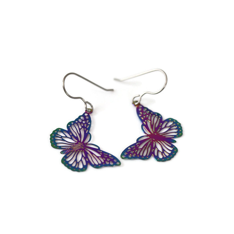 A pair of dangle earrings with a butterfly design, featuring a mix of colors purple, green, and translucent patterns.