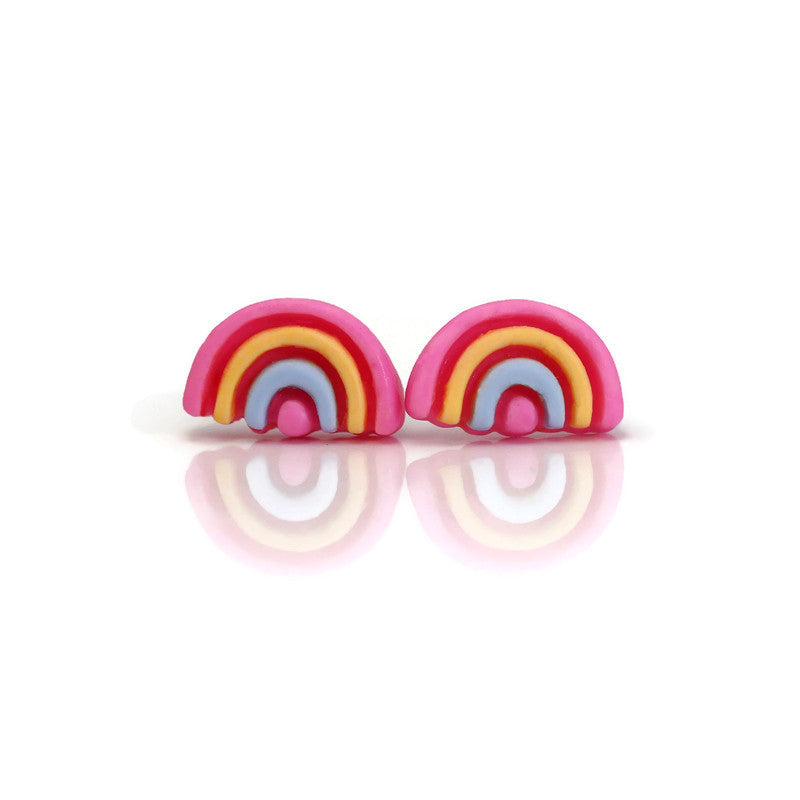 A pair of pink rainbow stud earrings made of resin, designed with multiple colored bands.
