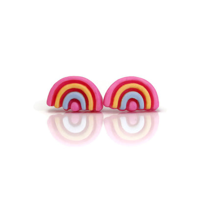 A pair of pink rainbow stud earrings made of resin, designed with multiple colored bands.