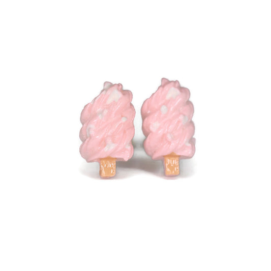 A pair of pink popsicle-shaped stud earrings made of resin, with options for different post styles including clip-on, plastic post, titanium post, and screw-on flat back.