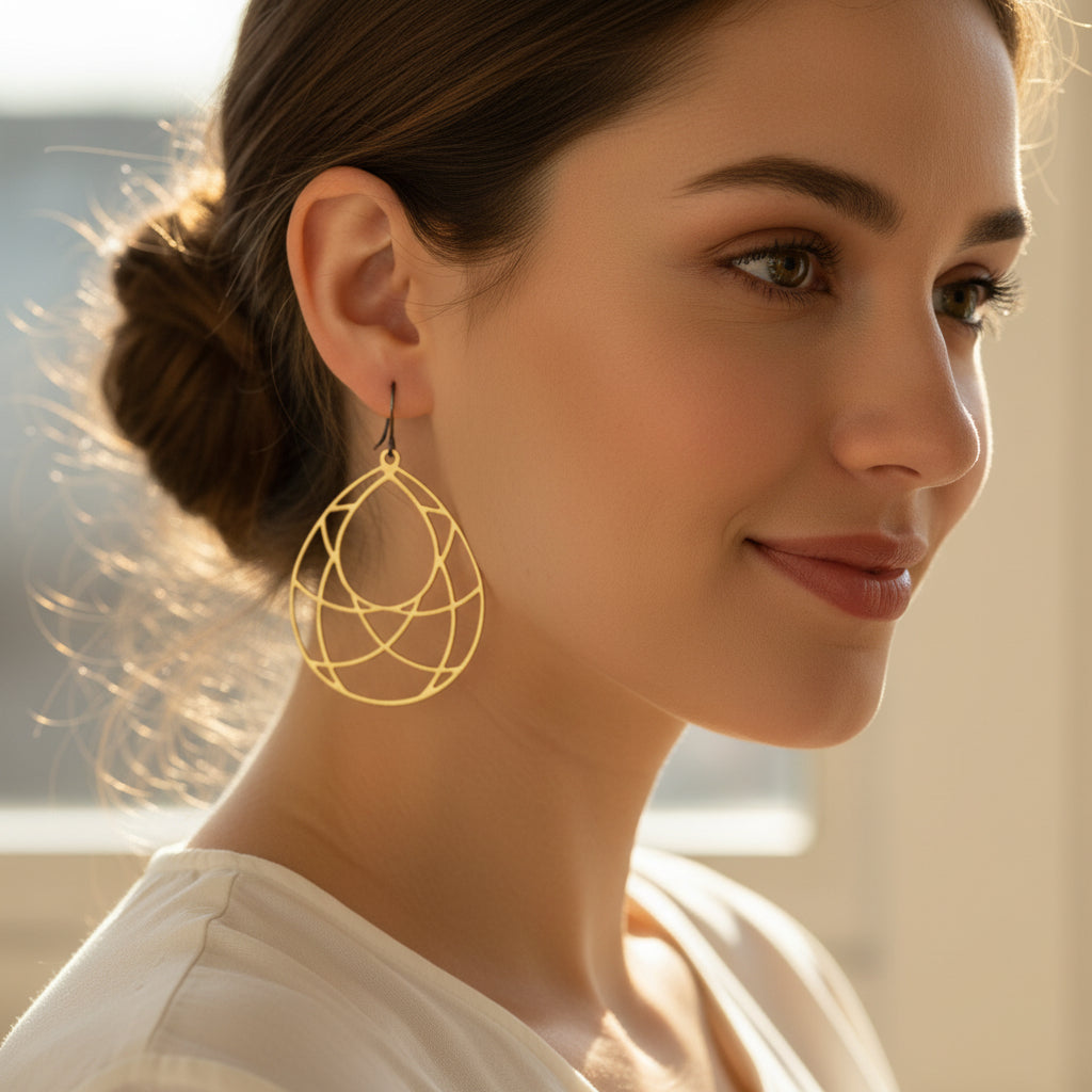 open teardrop dangle earrings with geometric design