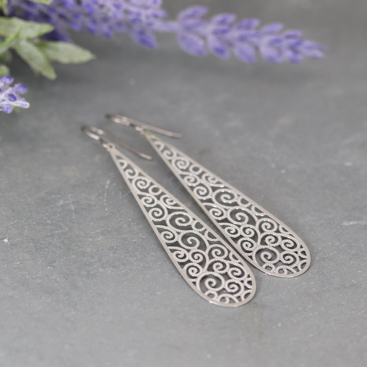 Long Filigree Teardrop Dangle Earrings