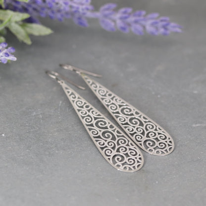 Long Filigree Teardrop Dangle Earrings