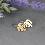 Invisible Clip On or Titanium or Plastic Hook Dangle Earrings, Metal 14mm Monstera Leaf
