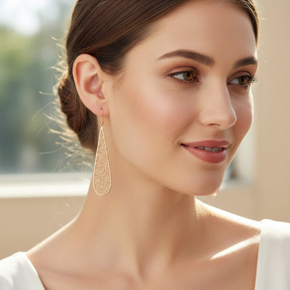Long Filigree Teardrop Dangle Earrings