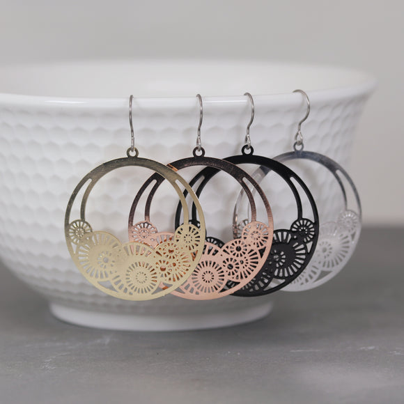 Dangle Earrings Laser Cut Out Circles Invisible Clip On, Titanium or Plastic Hook