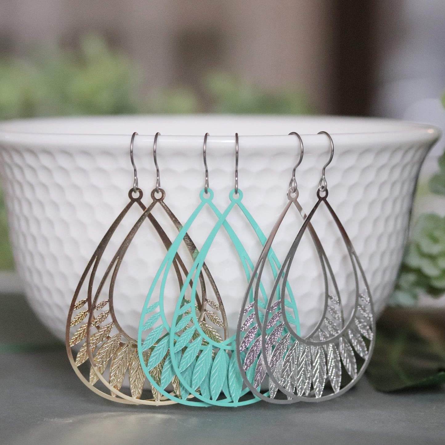 Leaf Cut Out Teardrop Dangle Earrings - 4 Colors