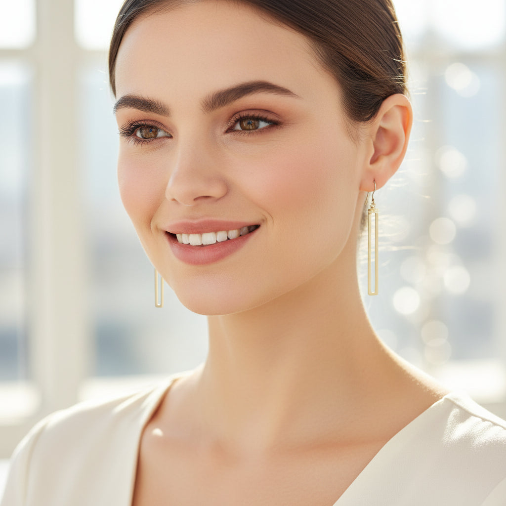Long Open Brushed Rectangle Bar Dangle Earrings