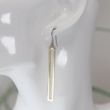 Dangle Earrings Long Open Brushed Rectangle Bar Invisible Clip On, Titanium or Plastic Hook