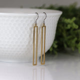 Dangle Earrings Long Open Brushed Rectangle Bar Invisible Clip On, Titanium or Plastic Hook
