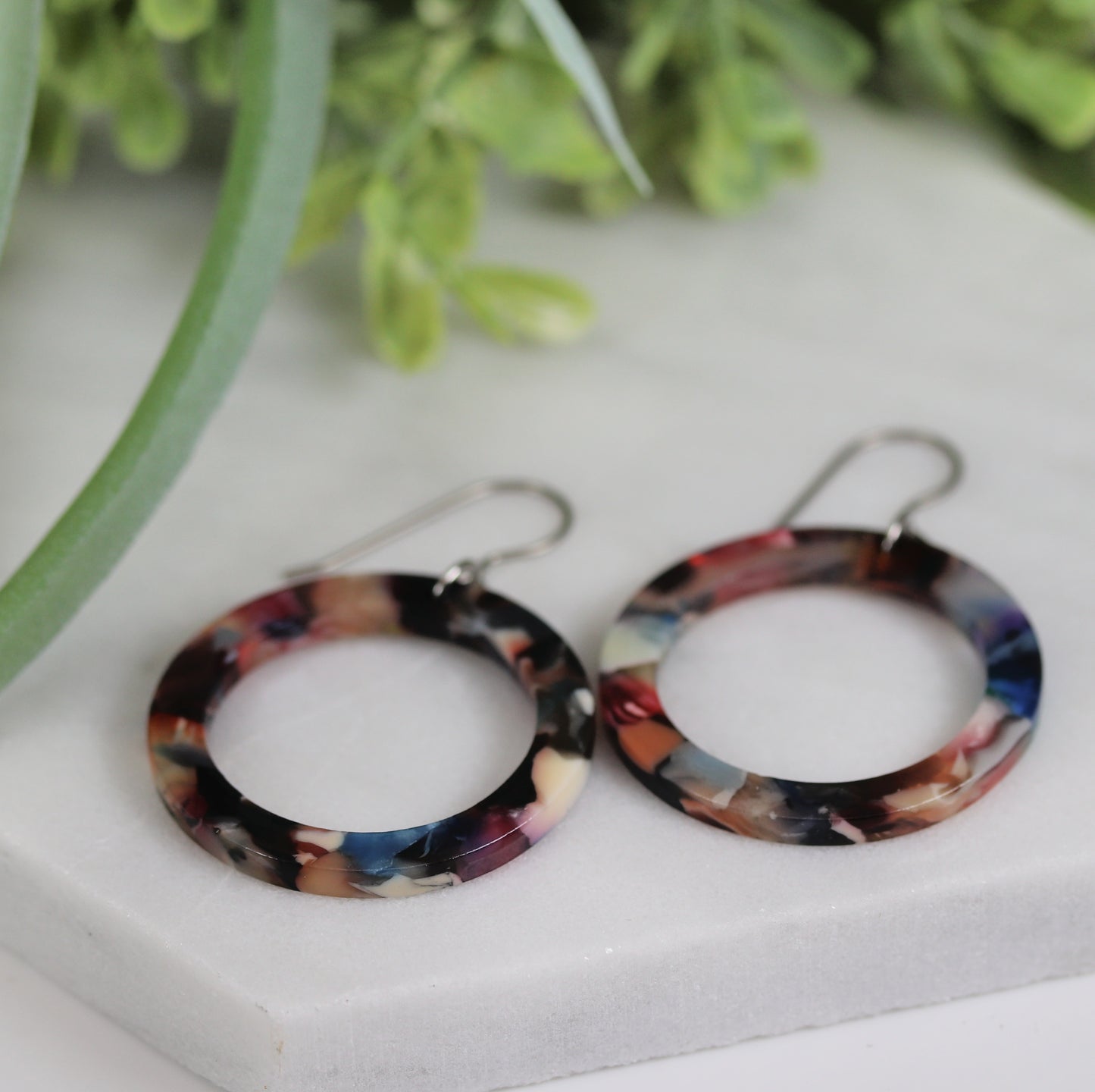 Acrylic Circle Hoop Dangle Earrings - 3 Colors