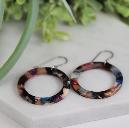 Acrylic Circle Hoop Dangle Earrings - 3 Colors