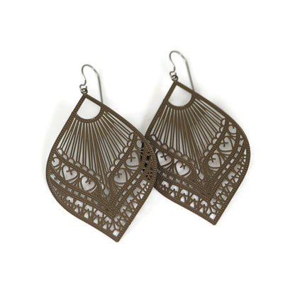 A pair of green lace filigree fan-shaped dangle earrings.