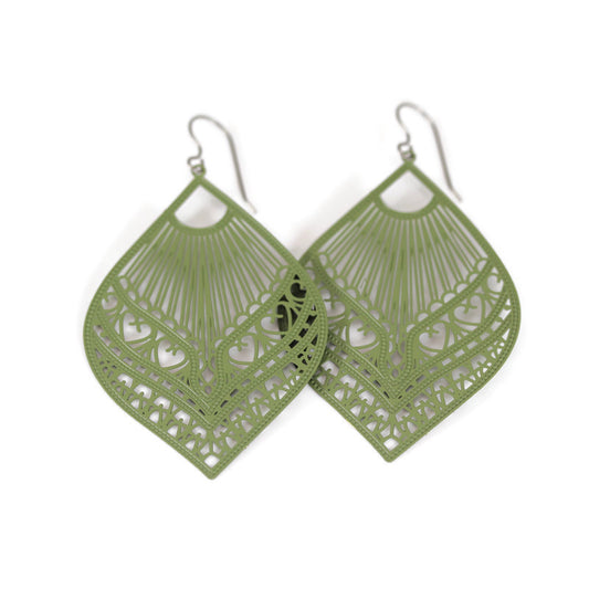 A pair of green lace filigree fan-shaped dangle earrings.