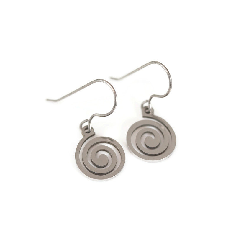 A pair of silver-colored swirl dangle earrings with a plastic hook back.