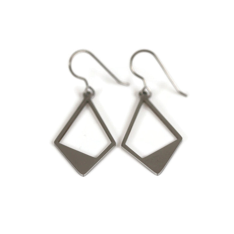 A pair of open rhombus dangle earrings made of stainless steel with a high polish finish, displayed against a white background.