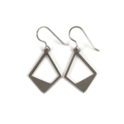 A pair of open rhombus dangle earrings made of stainless steel with a high polish finish, displayed against a white background.