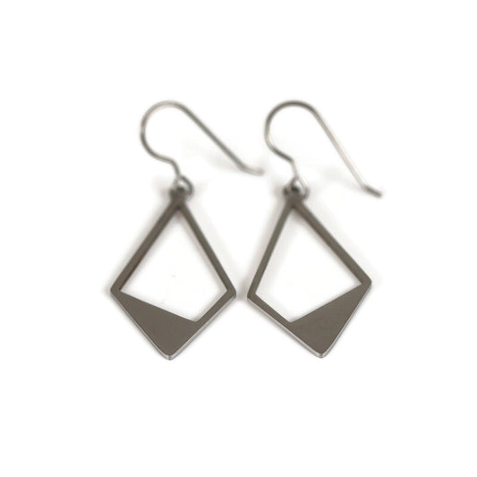 A pair of open rhombus dangle earrings made of stainless steel with a high polish finish, displayed against a white background.
