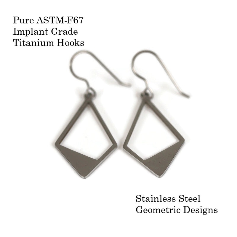 A pair of open rhombus dangle earrings made of stainless steel with a high polish finish, displayed against a white background.