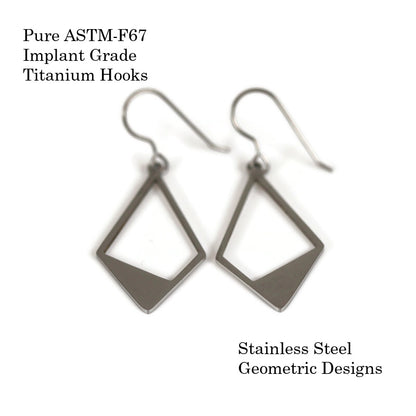 A pair of open rhombus dangle earrings made of stainless steel with a high polish finish, displayed against a white background.