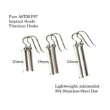 Dangle Earrings Long Minimalist Bar Invisible Clip On, Titanium or Plastic Hook