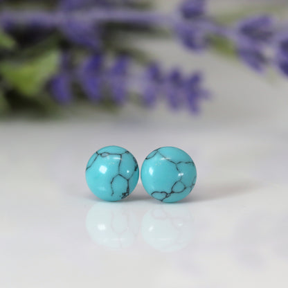 Simulated Turquoise Stone Stud Earrings, Two Sizes
