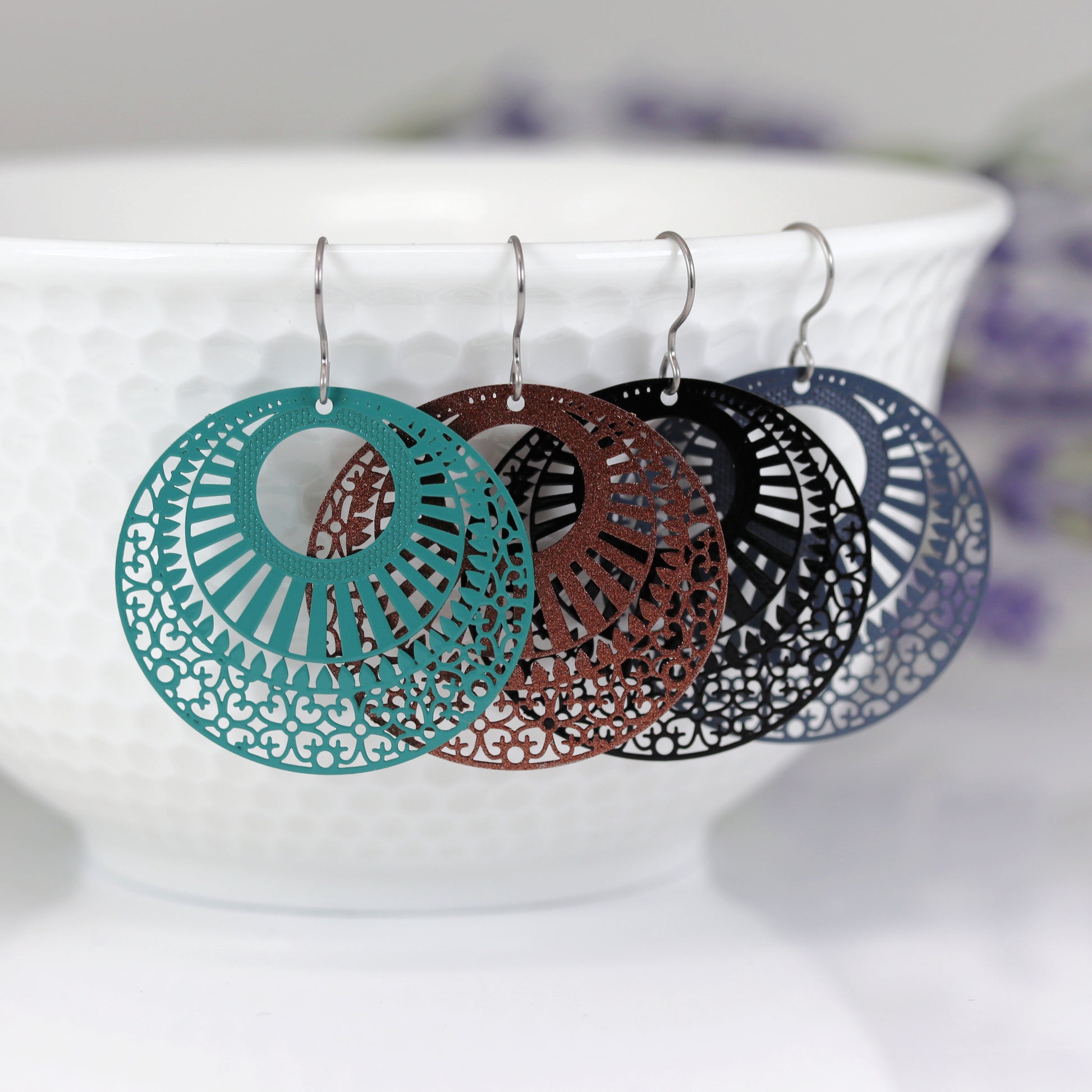 Four circle laser cut dangle earring colors