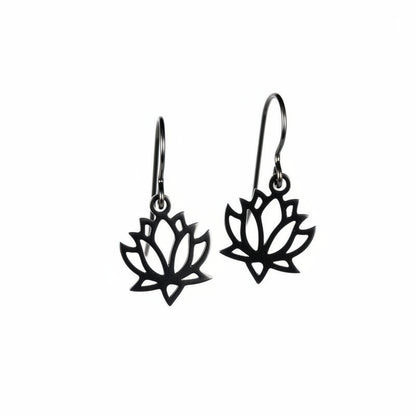 A pair of dangle earrings with a flower design, crafted from polished stainless steel, displayed against a white background.