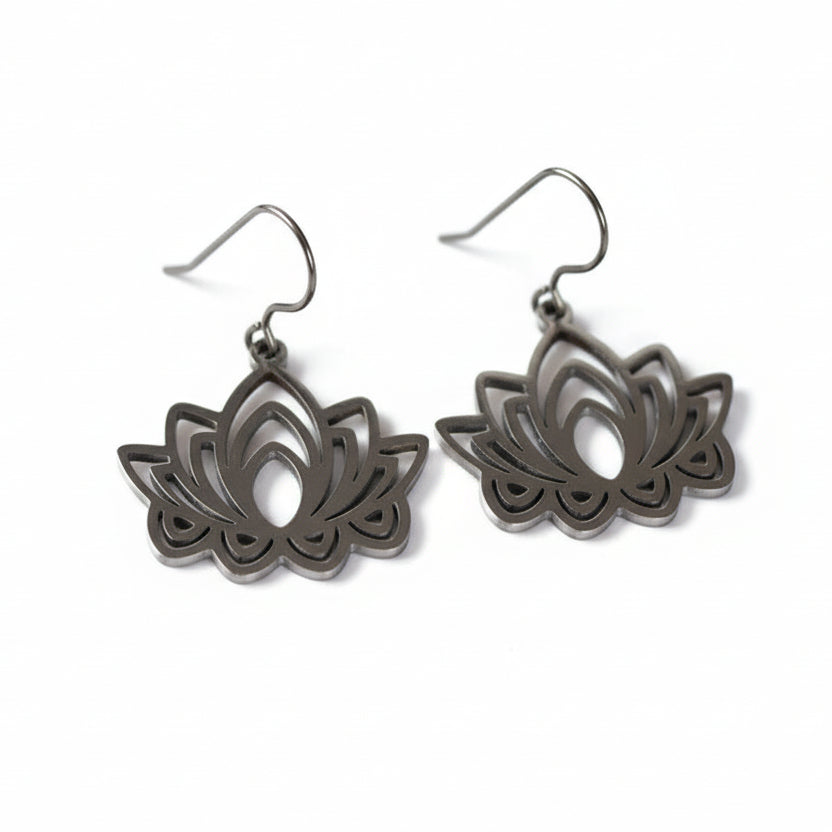 A pair of dangle earrings with a chakra flower design, made from polished stainless steel, featuring a plastic hook.