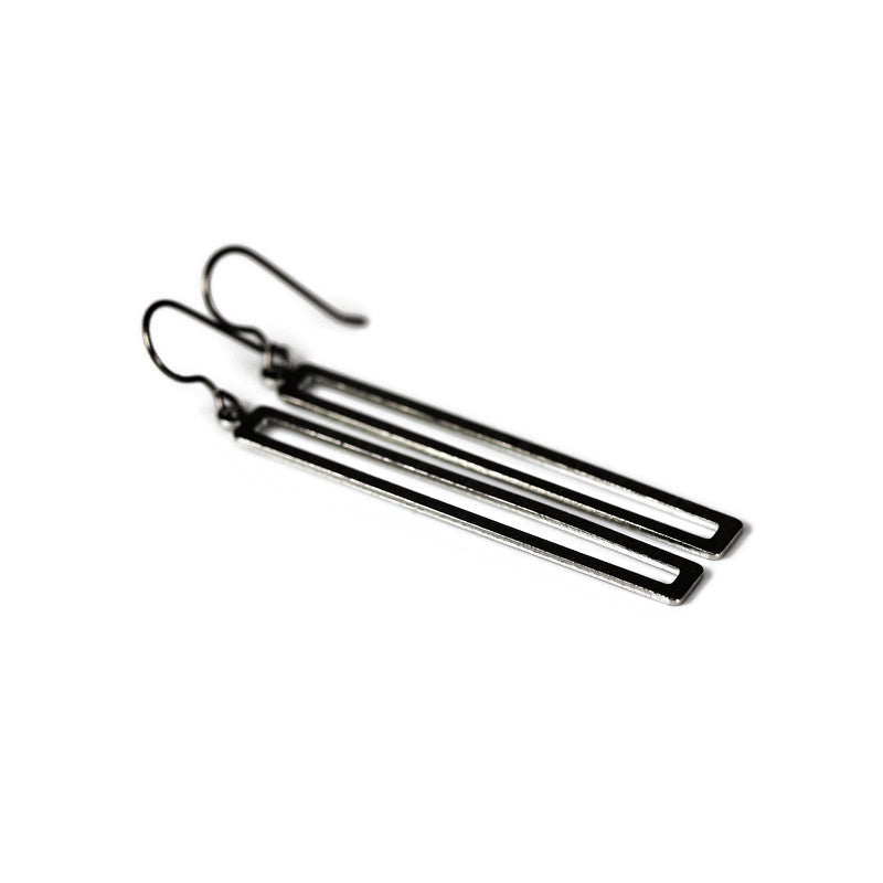 Long Open Brushed Rectangle Bar Dangle Earrings