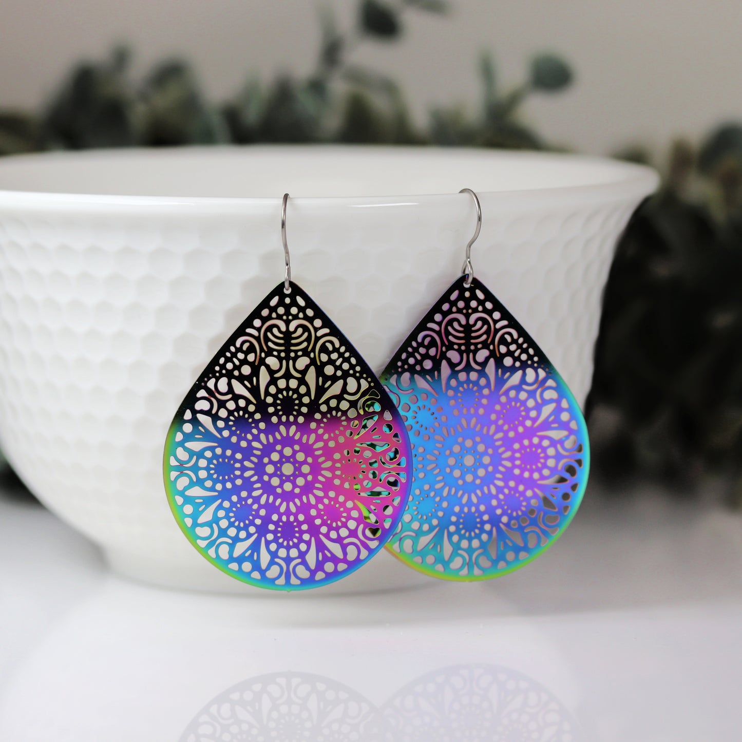 Rainbow Iridescent Metal Dangle Earrings