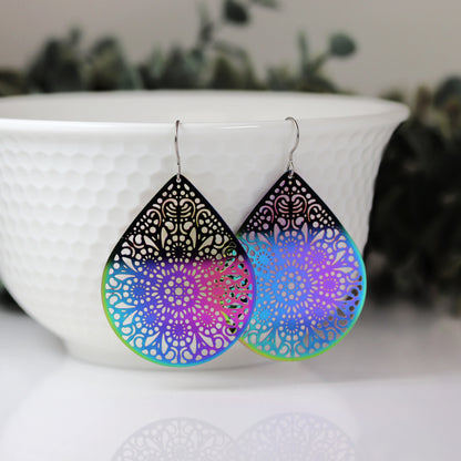 Rainbow Iridescent Metal Dangle Earrings