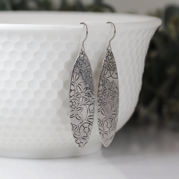 Dangle Earrings Floral Embossed Long Oval Invisible Clip On, Titanium or Plastic Hook