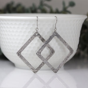 Dangle Earrings Floral Embossed Square Invisible Clip On, Titanium or Plastic Hook