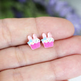 Plastic Post Earrings or Invisible Clip On Easter Bunny Ears Cupcake Studs, 10mm