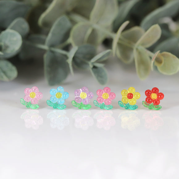 Plastic Post Earrings or Invisible Clip On Cute Flower Studs, 10mm
