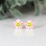 Plastic Post Earrings or Invisible Clip On Smiley Face Flower Studs, 10mm