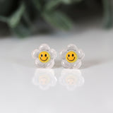 Plastic Post Earrings or Invisible Clip On Glow in the Dark Smiley Face Flower Studs, 10mm
