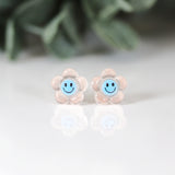 Plastic Post Earrings or Invisible Clip On Glow in the Dark Smiley Face Flower Studs, 10mm