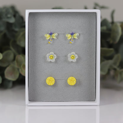 Smiley Face Daisy, Dragonfly, Yellow Druzy - Stud Earring Gift Set