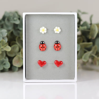 Daisy, Ladybug, Red Heart Stud Earring - Gift Set