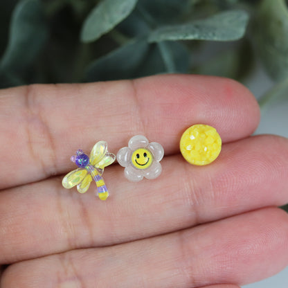 Smiley Face Daisy, Dragonfly, Yellow Druzy - Stud Earring Gift Set