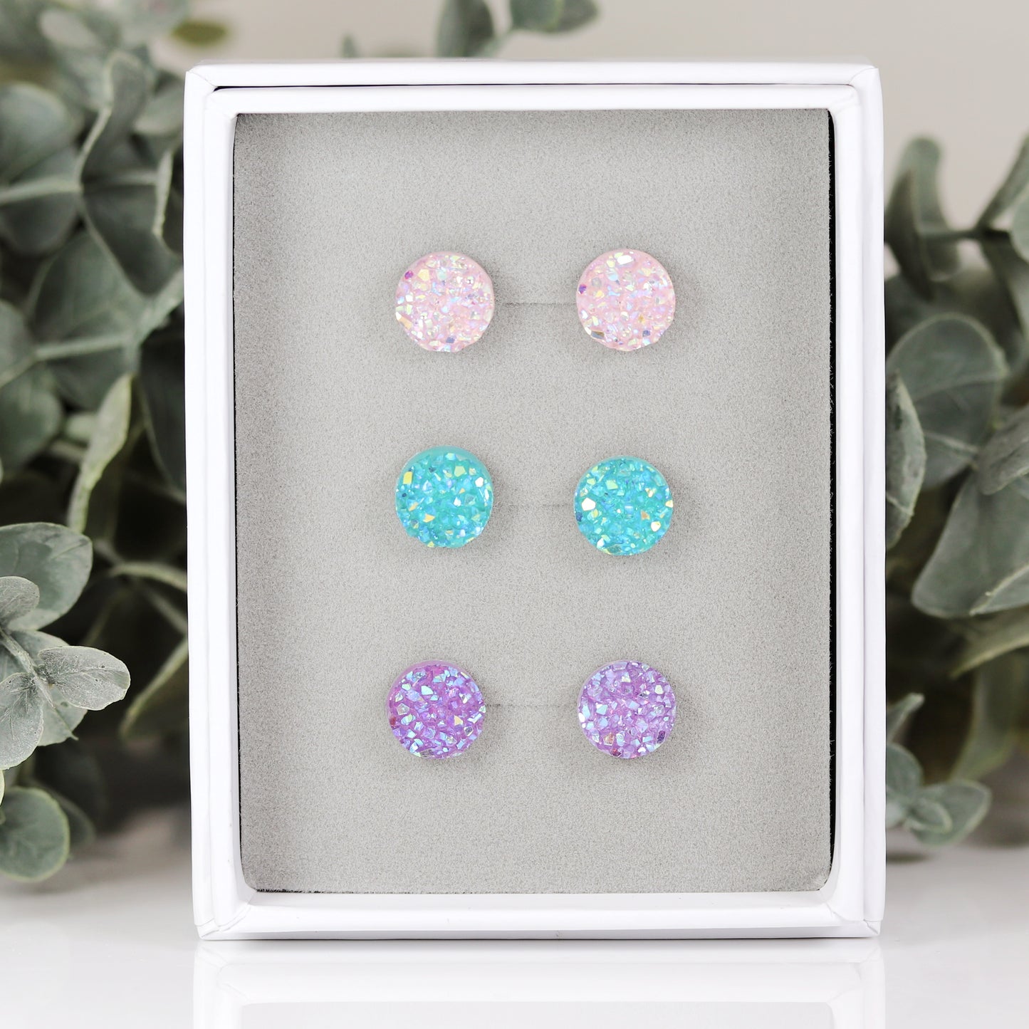 Coffret cadeau de boucles d'oreilles à tige en faux druzy, 8 mm ou 10 mm