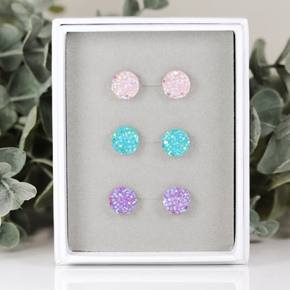 Coffret cadeau de boucles d'oreilles à tige en faux druzy, 8 mm ou 10 mm