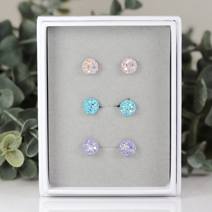 Coffret cadeau de boucles d'oreilles à tige en faux druzy, 8 mm ou 10 mm