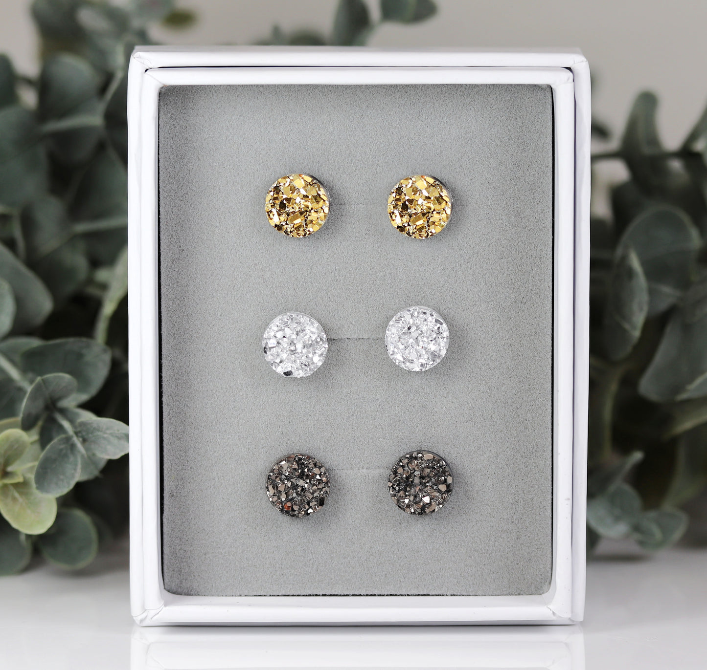 Coffret cadeau de boucles d'oreilles à tige en faux druzy, 8 mm ou 10 mm