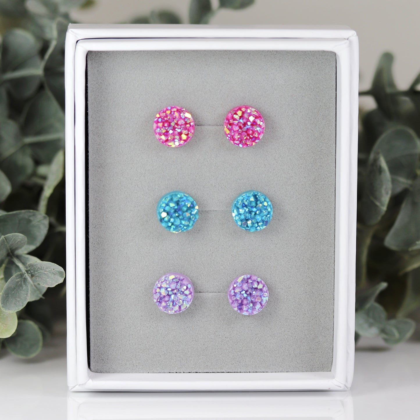 Coffret cadeau de boucles d'oreilles à tige en faux druzy, 8 mm ou 10 mm