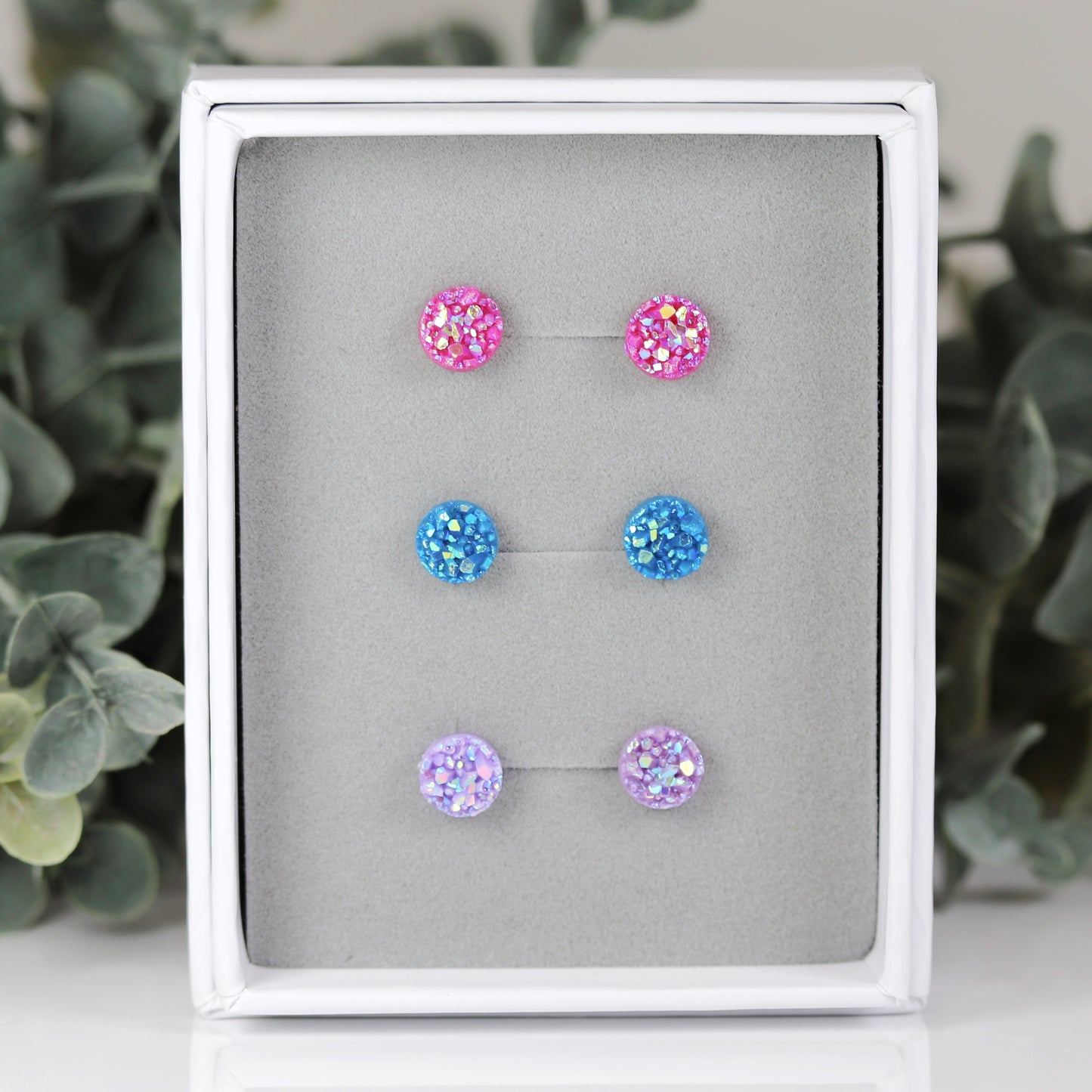 Coffret cadeau de boucles d'oreilles à tige en faux druzy, 8 mm ou 10 mm