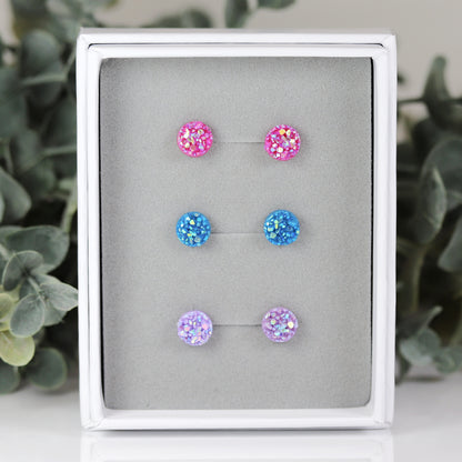 Coffret cadeau de boucles d'oreilles à tige en faux druzy, 8 mm ou 10 mm